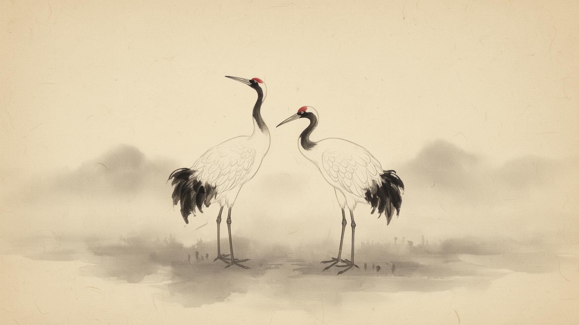 Traditional Japanese crane ink painting on aged washi paper